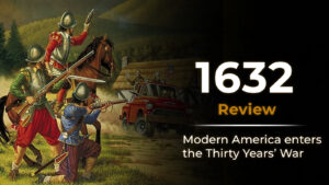 Book review title card for 1632, showing musketeers aiming at a red pickup truck in a 1600s setting with the text “1632 Review” and “Modern America enters the Thirty Years’ War”