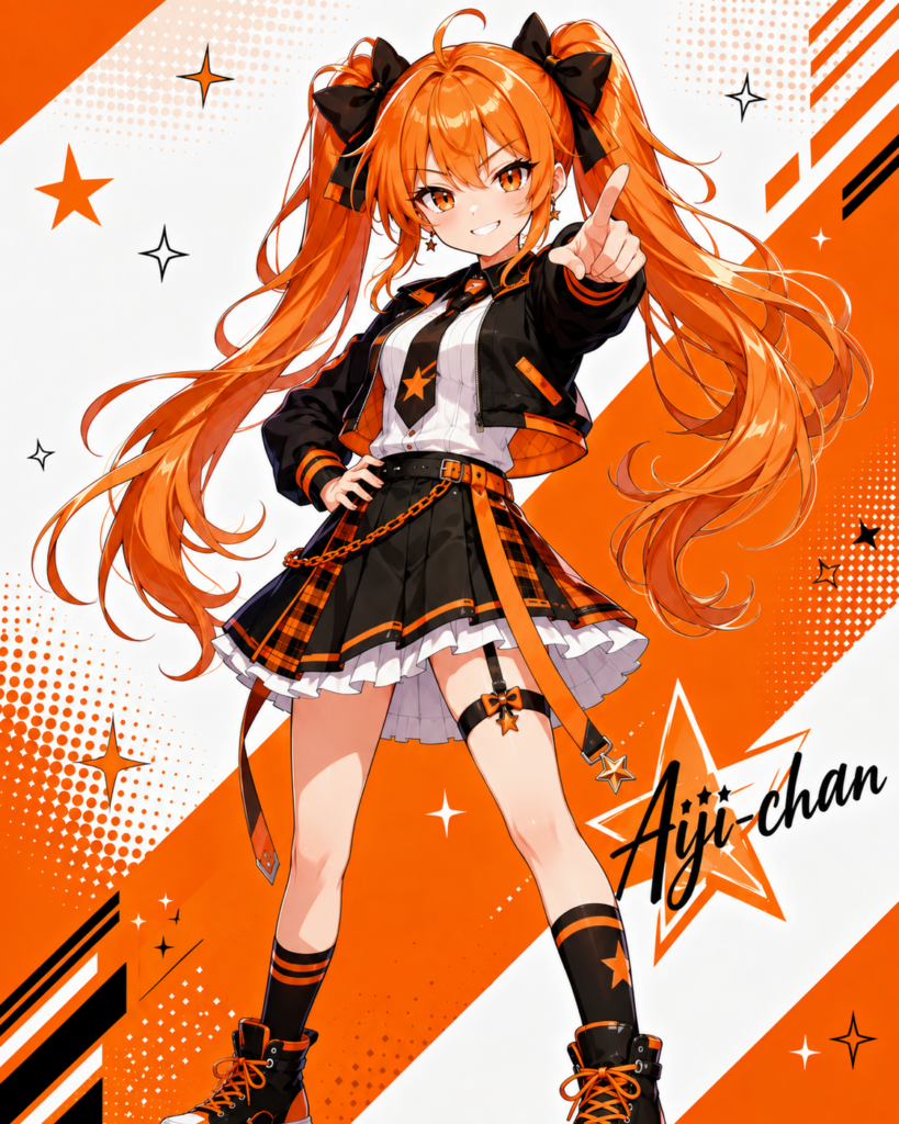 Aiji-chan, AJnet Magazine’s anime mascot, poses confidently with long orange twin ponytails, orange eyes, black bows, and a black-and-orange pop star outfit.