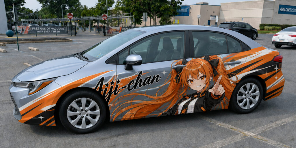 A light blue Toyota Corolla with a custom orange, black, and white Aiji-chan anime itasha wrap featuring the orange-haired mascot across the doors and rear quarter panel.