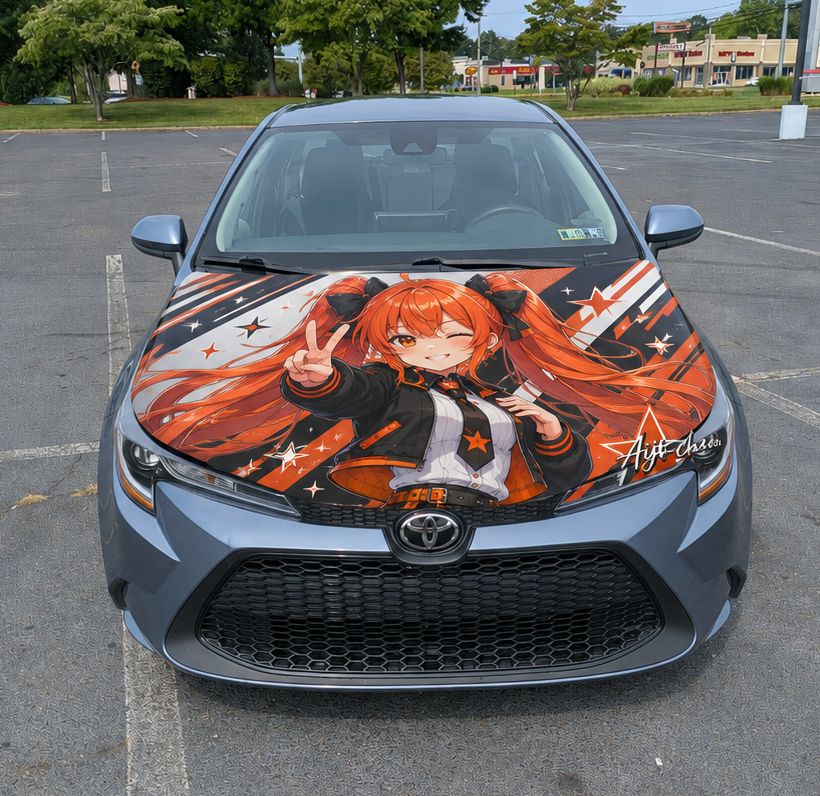 Front view of a light blue Toyota Corolla with an Aiji-chan anime hood wrap featuring the orange-haired mascot winking and making a peace sign.
