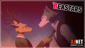 Beastars title card showing Louis the red deer gripping Legoshi the gray wolf’s tie as they face each other.