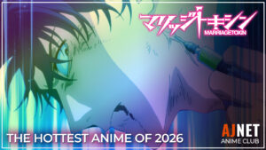Hikaru Gero holds a syringe near his neck in a neon-lit Marriagetoxin title card reading “The Hottest Anime of 2026.”