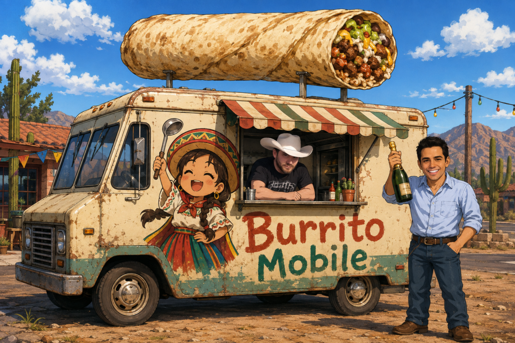 Illustrated Burrito Mobile food truck with a giant burrito on the roof, a cartoon girl on the side, a cowboy-hatted worker at the window, and a man holding a bottle beside the truck.
