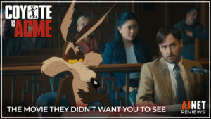 Coyote vs. Acme review title card showing Wile E. Coyote beside his attorney in a courtroom.
