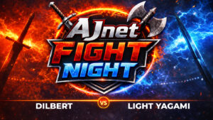 AJnet Fight Night graphic showing Dilbert vs Light Yagami with fiery and electric split background, swords, and a glowing central logo.