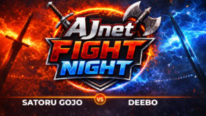 AJnet Fight Night title card for Satoru Gojo versus Deebo, with fiery red and electric blue effects surrounding the logo.