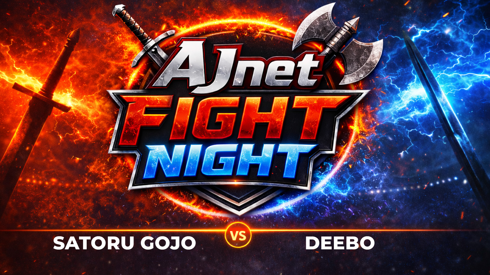 AJnet Fight Night title card for Satoru Gojo versus Deebo, with fiery red and electric blue effects surrounding the logo.