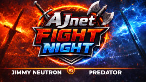 AJnet Fight Night title card for Jimmy Neutron vs. Predator, with a fiery red and electric blue background and crossed weapons.