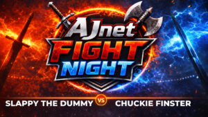 AJnet Fight Night title card featuring Slappy the Dummy versus Chuckie Finster with fiery and electric battle-themed graphics.