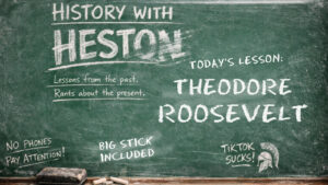 History With Heston title card featuring a classroom chalkboard with the lesson topic "Lyudmila Pavlichenko" written in chalk alongside humorous notes including "She had a rifle. You have Wi-Fi."