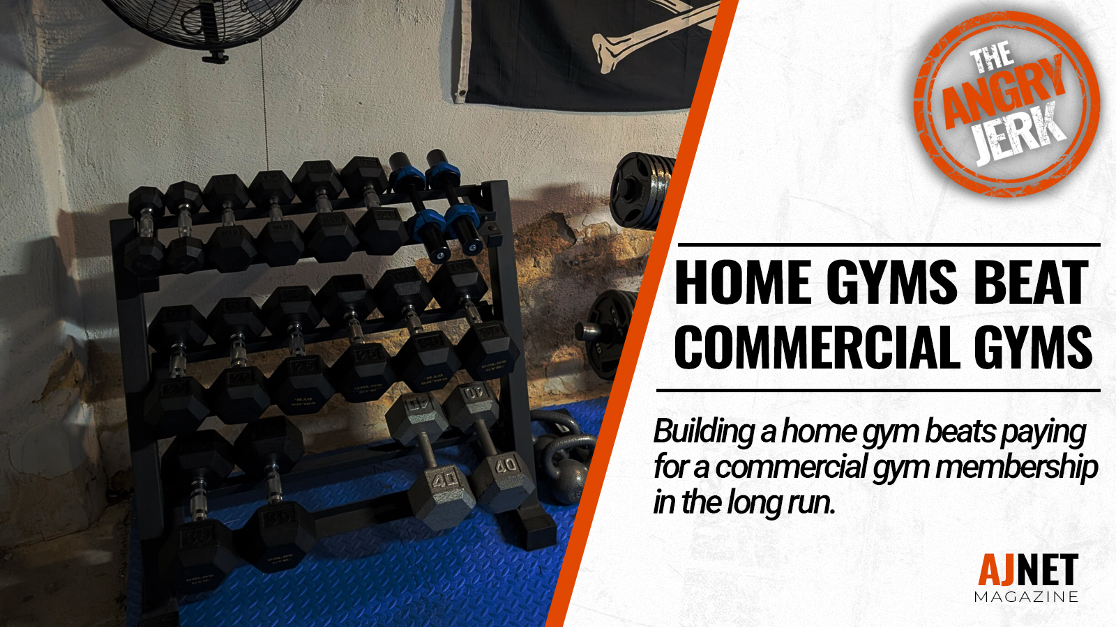 Rack of dumbbells in a home gym; title card reads “Home Gyms Beat Commercial Gyms.”