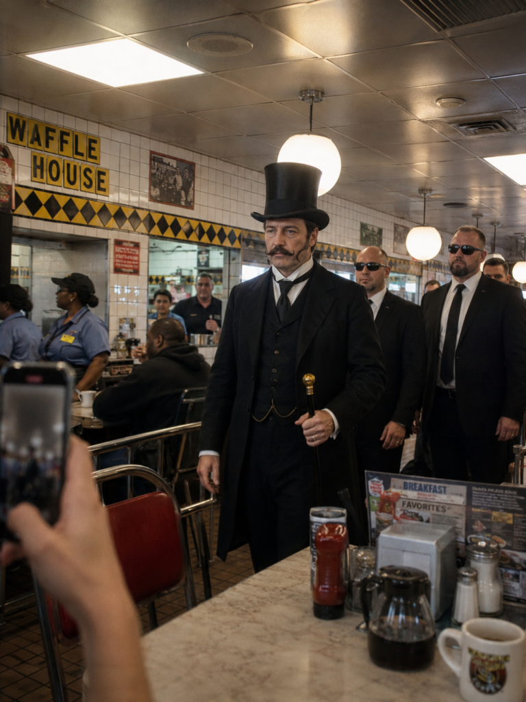 A wealthy Victorian-style businessman in a top hat and black suit walks through a crowded Waffle House with several suited bodyguards while a customer photographs him on a cellphone.