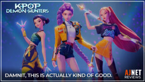 KPop Demon Hunters title card featuring Rumi, Mira, and Zoey posing with weapons against a blue and purple background, with the text “Damnit, this is actually kind of good.”
