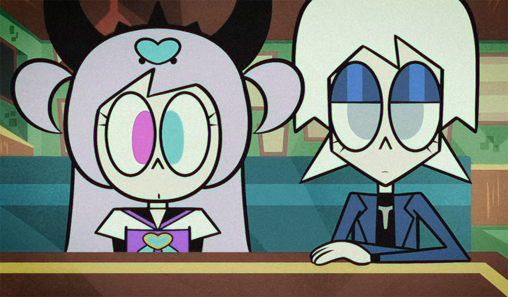 Two Needy Girl Overdose characters seated at a counter in a simplified cartoon style resembling Dexter’s Laboratory.