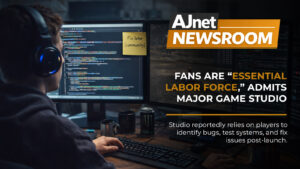 AJnet Newsroom title card showing a gamer at a computer fixing code with headline about fans being an “essential labor force.”