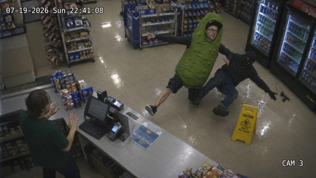 Security camera footage shows a man in a giant pickle costume accidentally knocking down a masked robber inside a convenience store.