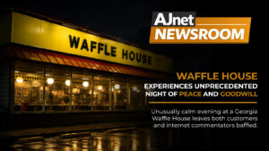 AJnet Newsroom title card showing a Waffle House restaurant at night during a rainstorm. The brightly lit diner stands out against a dark sky and wet parking lot. The headline reads, "Waffle House Experiences Unprecedented Night of Peace and Goodwill."