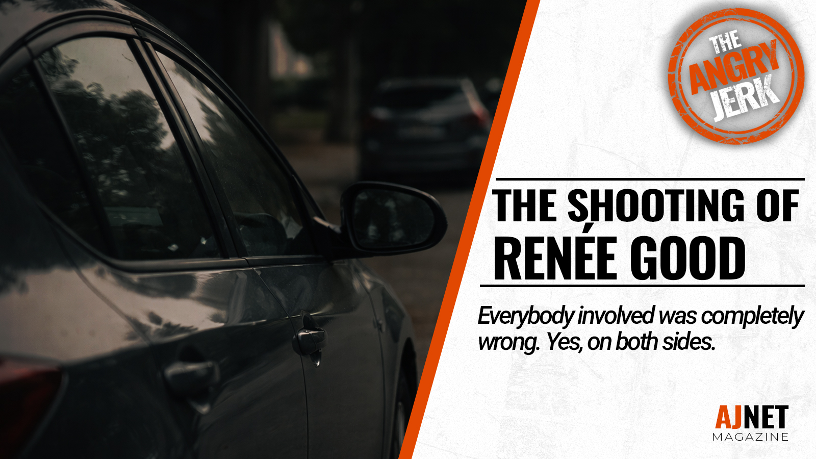 Parked car on a residential street; title card reads “The Shooting of Renée Good.”
