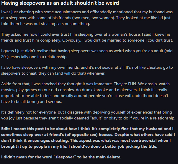 Screenshot of a Reddit post from r/unpopularopinion displayed in dark mode. The post contains a user-written opinion followed by several paragraphs of explanation and edits beneath the title.