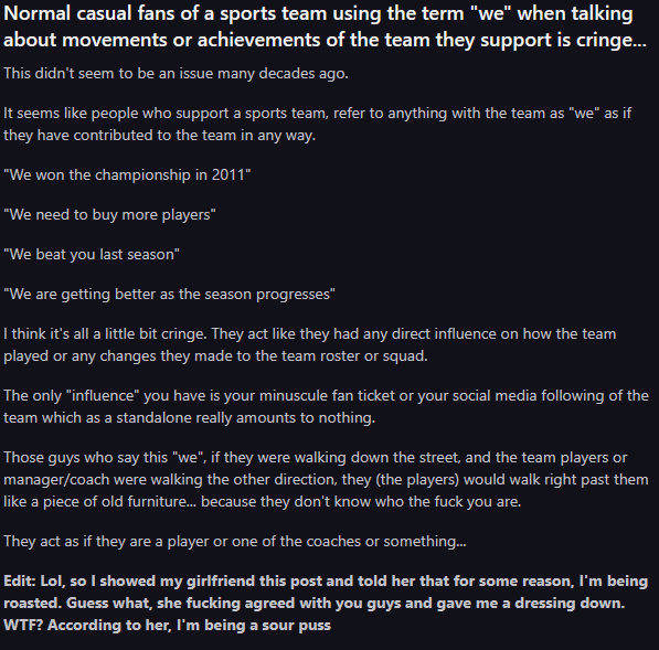 Screenshot of a Reddit post from r/unpopularopinion displayed in dark mode. The post contains a user-written opinion followed by several paragraphs of explanation and edits beneath the title.