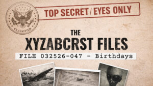 The Xyzabcrst Files title card labeled Birthday featuring classified document style and alien imagery