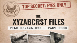 Classified-file title card reading “The Xyzabcrst Files: File 062426-023 – Fast Food,” with images of a UFO, a secret document, and an alien.