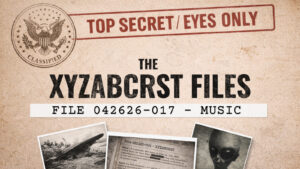 The Xyzabcrst Files title card for "File 042626-017 – Music." The design resembles a classified government document, featuring a "Top Secret / Eyes Only" stamp, official seal, and photographs of a crashed UFO, a document excerpt, and an alien.