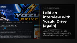 Title card for “I Did an Interview with Yozuki Drive (Again),” featuring a screenshot of the Yozuki Drive website and the interview article.