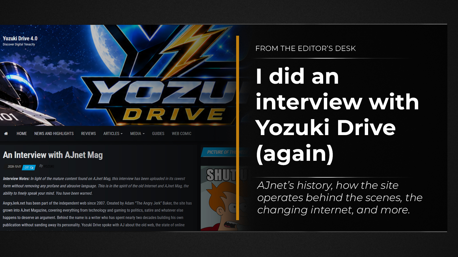 Title card for “I Did an Interview with Yozuki Drive (Again),” featuring a screenshot of the Yozuki Drive website and the interview article.